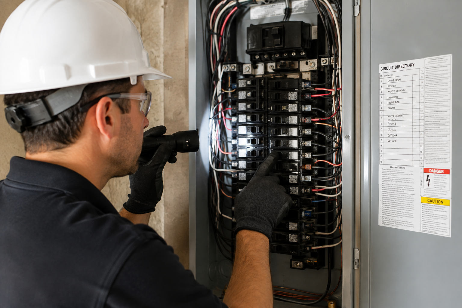 Electrician inspecting a residential electrical panel